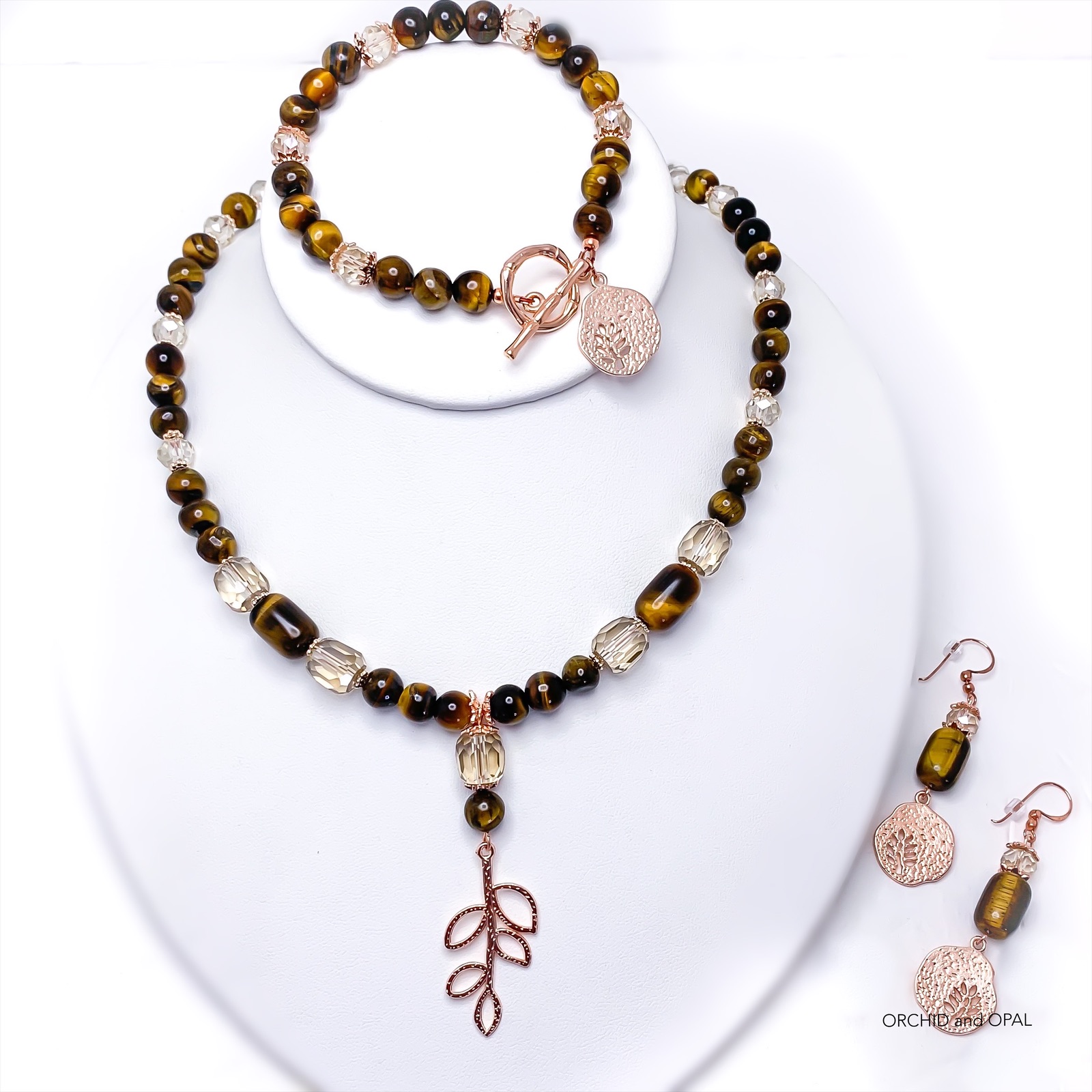 Tiger Eye and Crystal Necklace Set on Rose Gold | ORCHID and OPAL